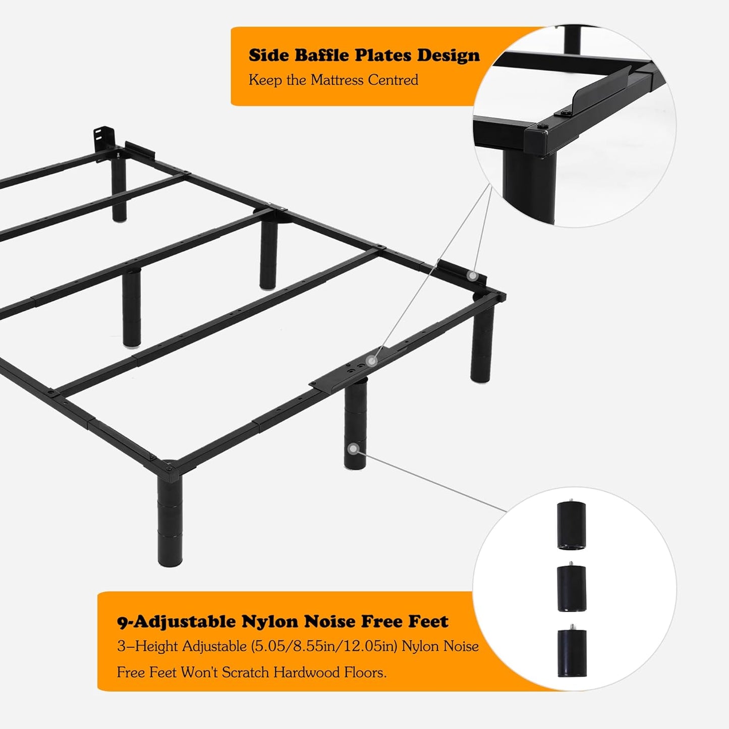 S*MAX Queen Platform Bed Frame Reinforced Heavy Duty Steel Metal Bed Frame 3 Heights Adjustable Nylon Noise Free Feet Retractable with TXL Full Queen Black Bed Frame Size 3 in 1