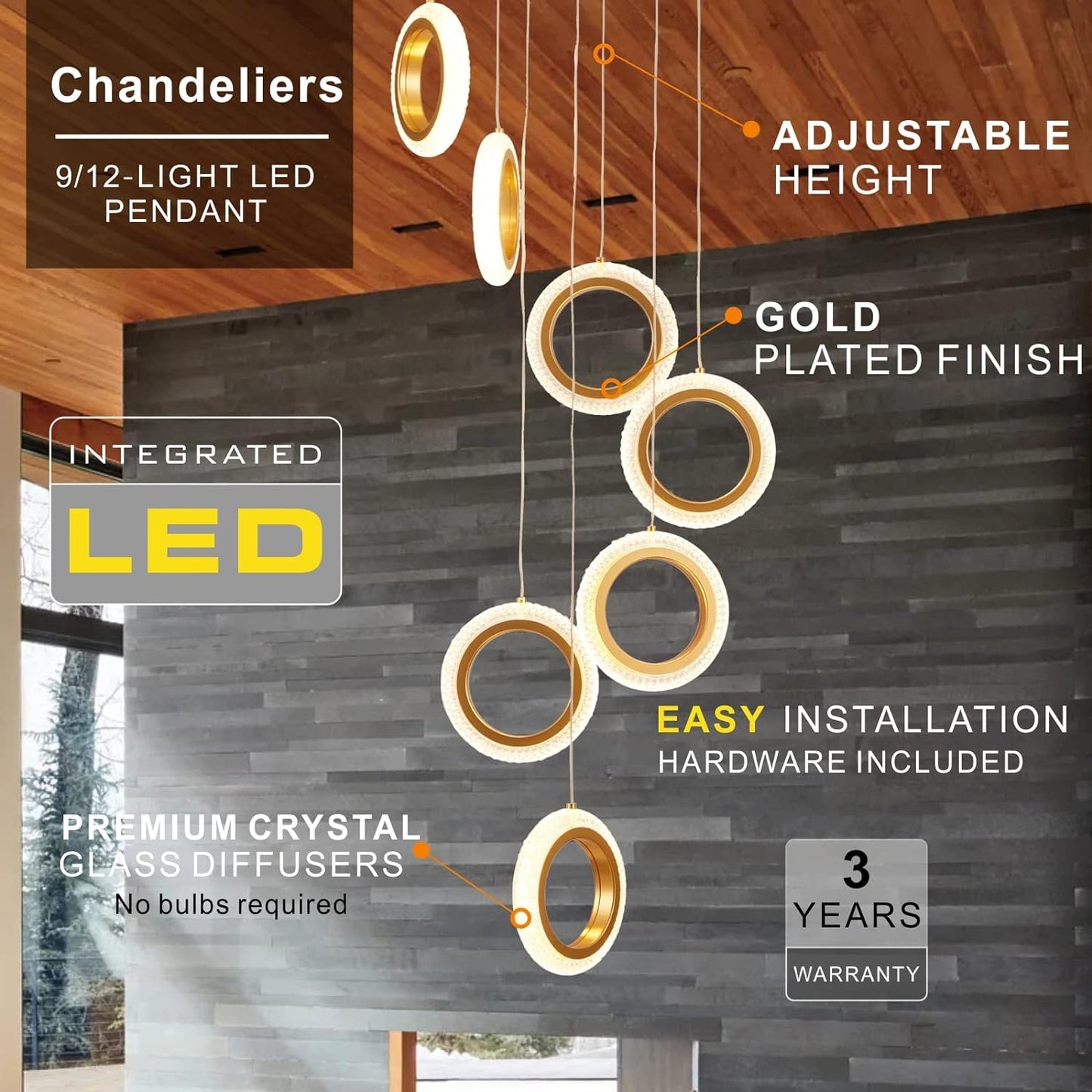 12 Rings Staircase Chandelier,Gold Modern Crystal Led Chandelier,Dimmable High Ceiling Chandelier with Remote ,Modern Led Pendant Light Led Chandelier Light ,Large High Ceilings Hanging Light Fixt