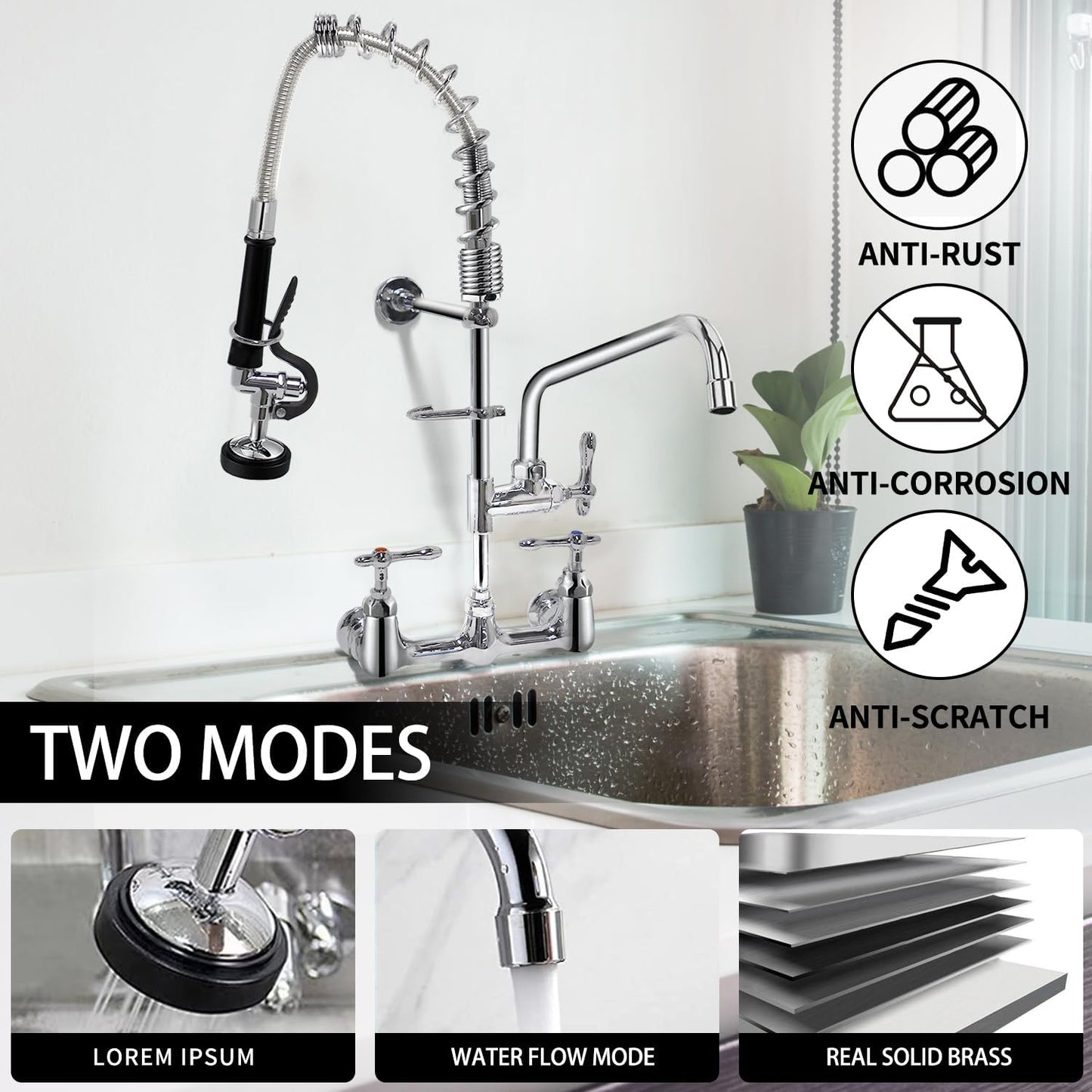 QANBAIN Commercial Sink Faucet,Commercial Faucet with Sprayer 8 Adjustable Center Wall Mounted Restaurant Faucets,12" Spout andPull-Down Pre-Rinse Faucet 25 Height Suitable for 1, 2 or 3 Sinks (