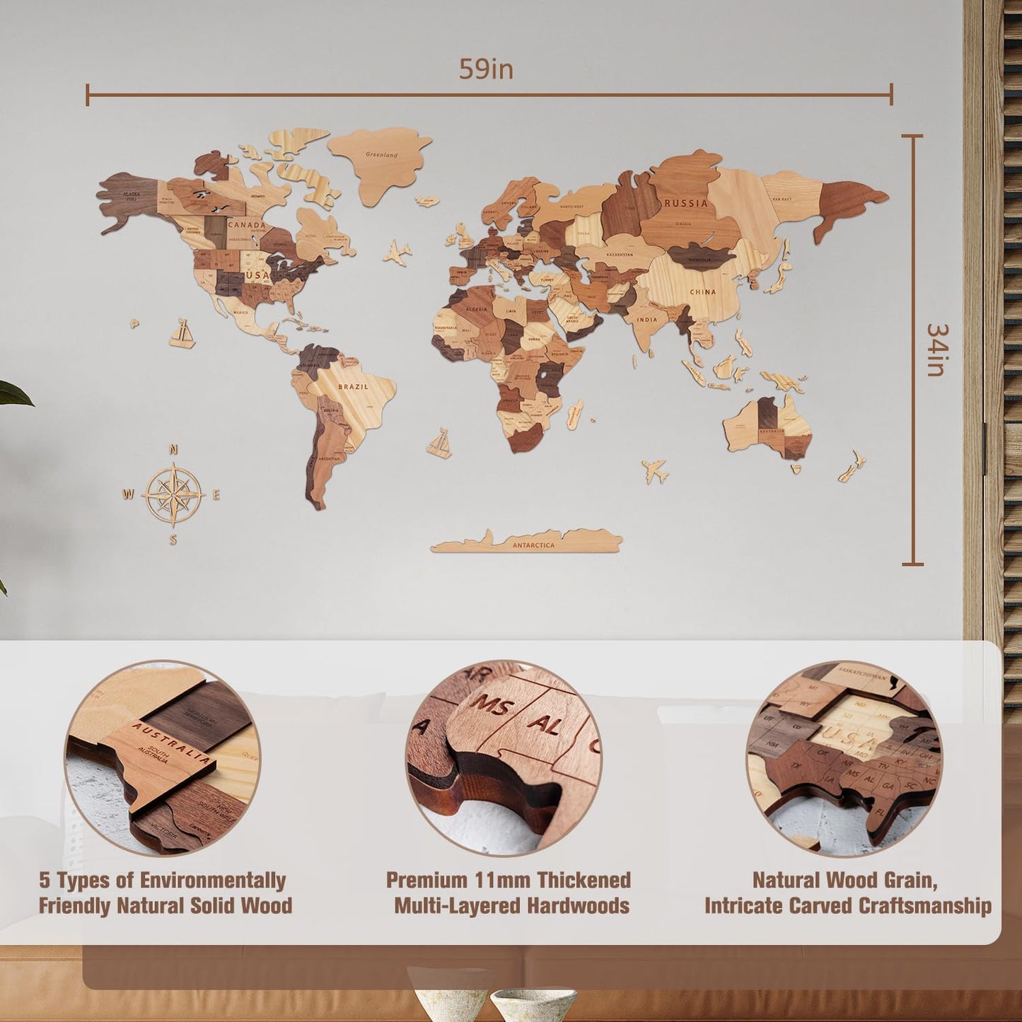 Handiwoo Wooden World Map 3D, Wood World Map Wall Art, Multilayered Wooden Map of The World Wall Decoration, Idea Housewarming Gift Large Wood Travel Map for Home & Office Dcor