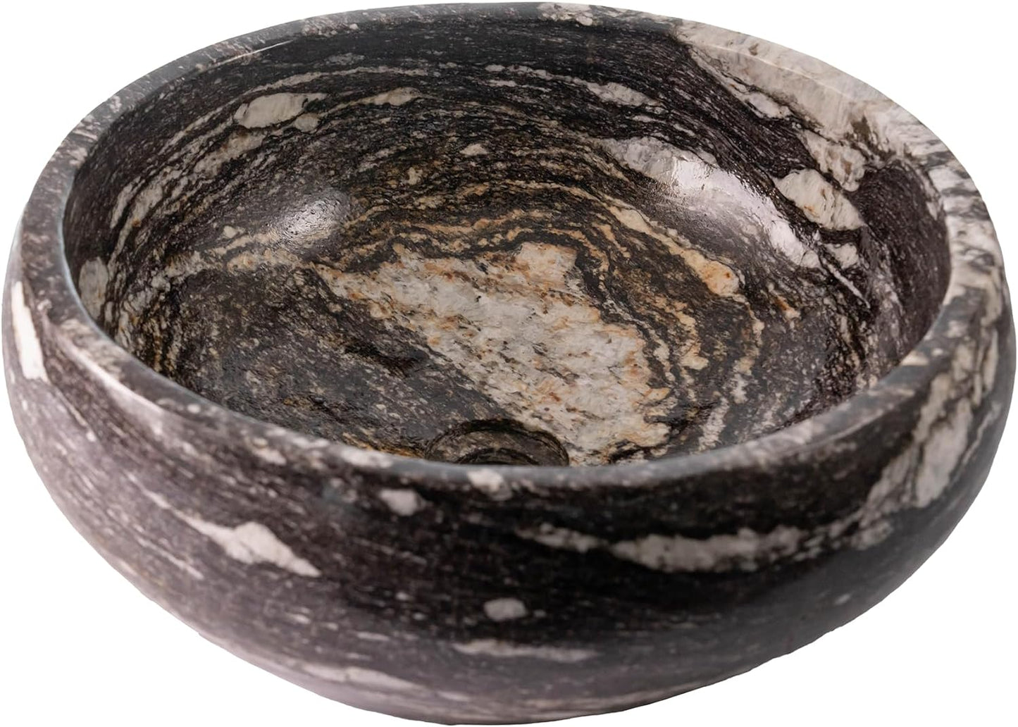 MIDUSO Natural River Stone Wash Basin, Round Stone Vessel Sink, Size D (13.8-17.7) x H (4.7-5.9), Stone Bathroom Sink Countertop and Pop-up Drain, H