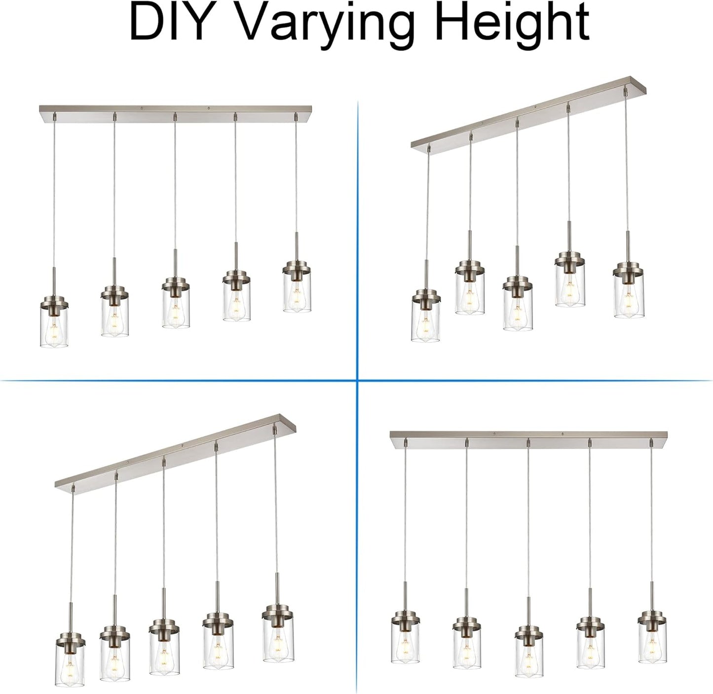 MELUCEE 5 Lights Kitchen Island Lighting Modern Linear Chandeliers for Dining Room, Industrial Brushed Nickel Pendant Light Fixtures Ceiling Hanging