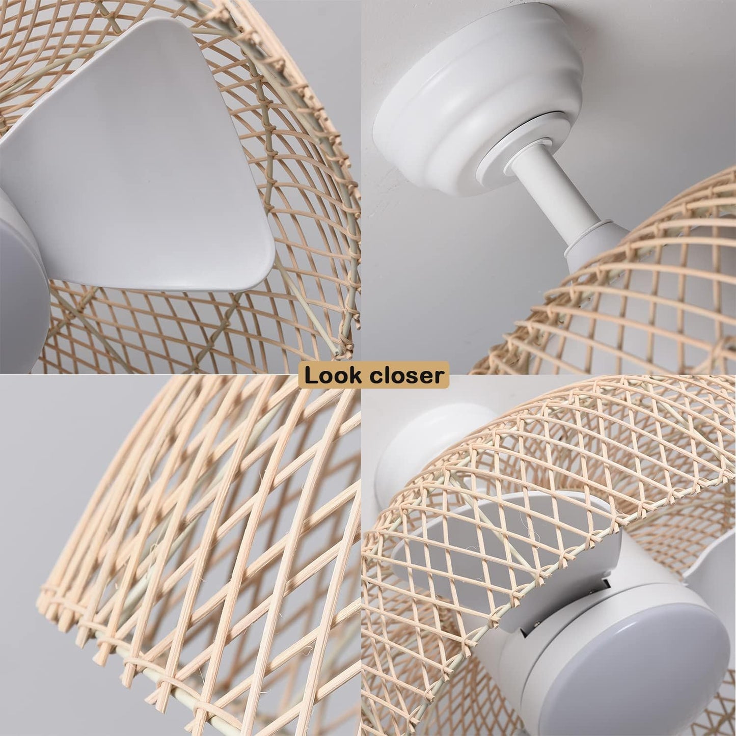 Eamonex 18W LED 20 Inches Bamboo Rattan Wicker Smart Caged Dimmable Ceiling Fan with Light,Woven Farmhouse Wooden Cage Semi Flush Fandelier, Wood