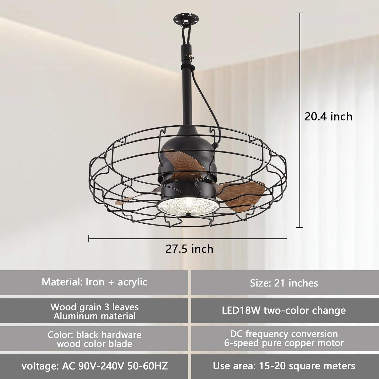 KINDLOV Outdoor Ceiling Fan with Light, 21'' Moisture Resistant Gazebo Fan, Plug-in Cage Ceiling Fan Light,Suitable for Decks, Canopies, Adjustable 3 Colours LED Lights, Black