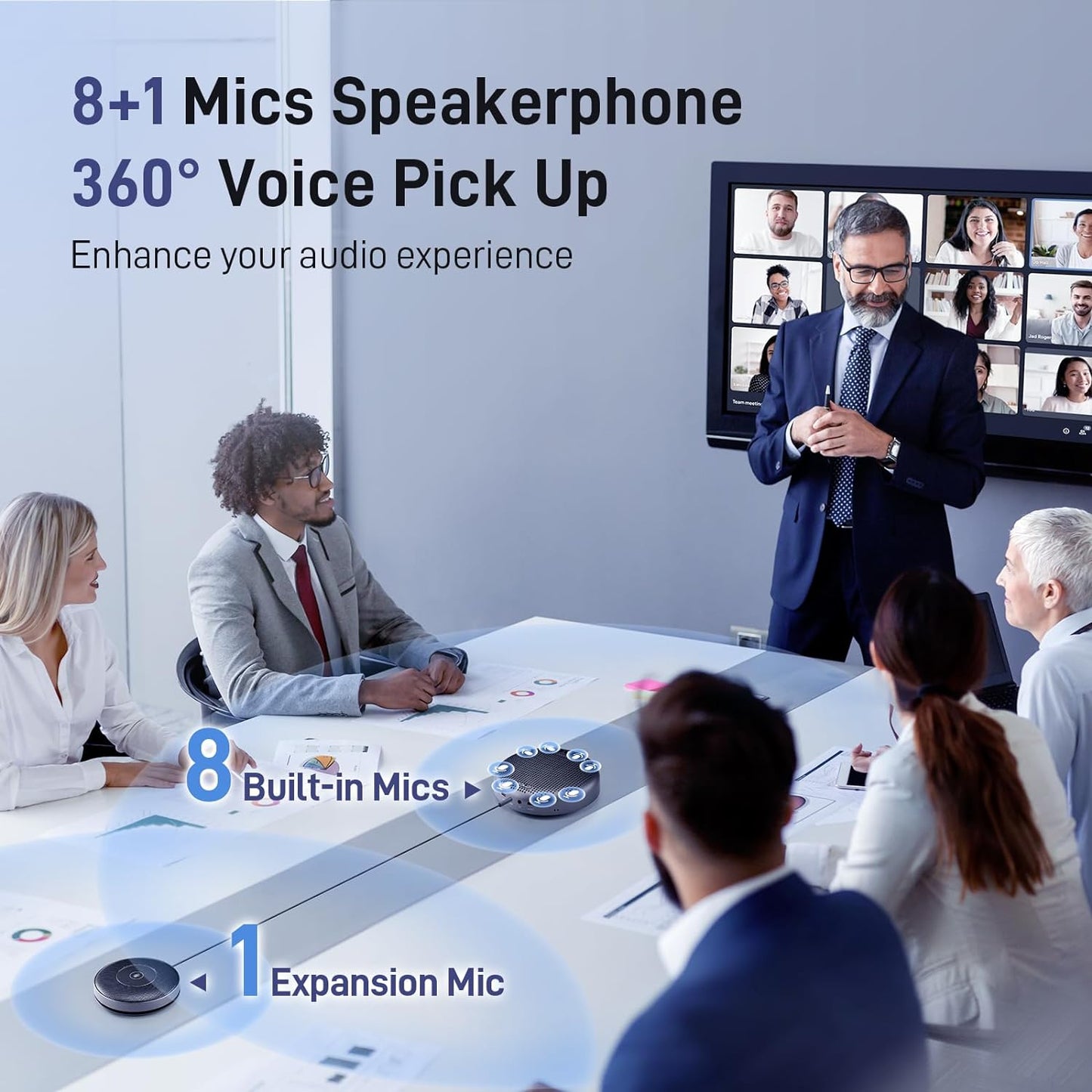 EMEET Conference Speaker and Microphone Luna Plus Kit, 8+1 Mics, 360Voice Pickup, Noise Reduction, USB C/Bluetooth 5.3, Bluetooth Speakerphone for 14 People w/Daisy Chain for 25, Broad Compatibility (Luna Plus Kit w/ 9 Mics for 14)