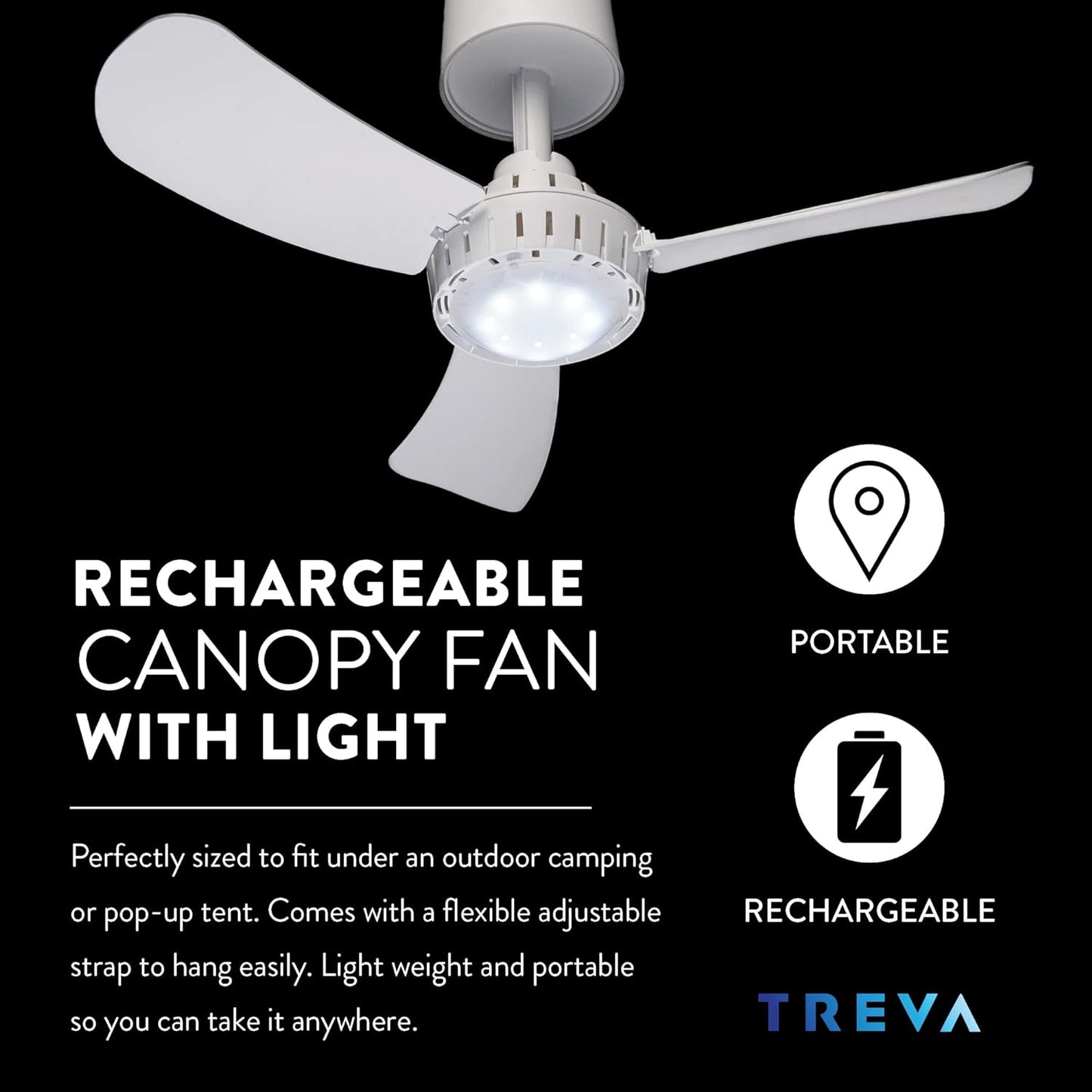 Treva Rechargeable Canopy Fan Easy to Assemble Portable Ceiling Fan For Your Outdoor Canopy Tent and Gazebo, Remote Control, 2 Speed Setting with LED Lighting No Tools Required.