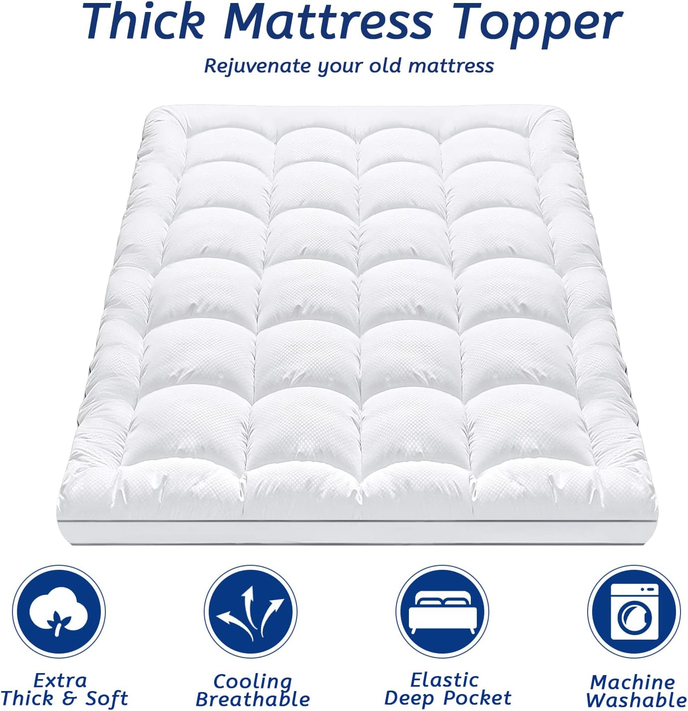 Full Size Mattress Topper for Back Pain, Cooling Extra Thick Mattress Pad Cover with 8-21 inch Deep Pocket, Plush Pillow Top Mattress Topper Overfilled with Down Alternative, Full Size, White (Full, White)