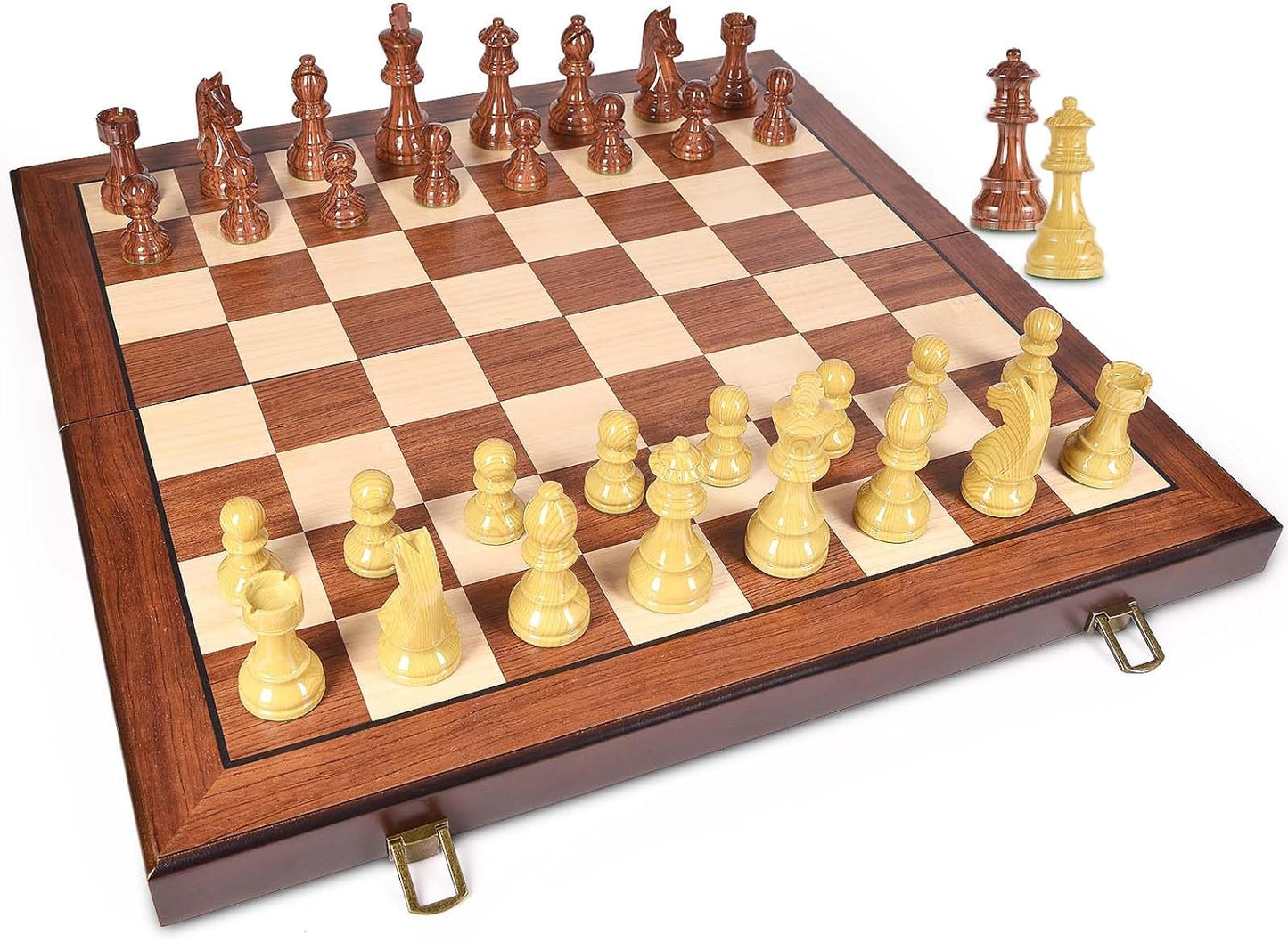 AMEROUR 20'' x 20'' Wooden Chess Set with High Polymer Weighted Chess Pieces / 3.75'' King / 2 Extra Queens/Larger Size Folding Board, Chess Board Game for Adults