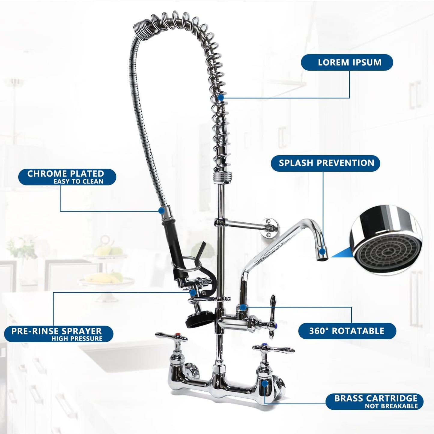 MYWHITENG Commercial Faucet with Sprayer, 8 Adjustable Center Wall Mounted Restaurant Faucets,12' Spout andPull-Down Pre-Rinse Faucet 36 Height Suitable for 1, 2 or 3 Compartment Sink