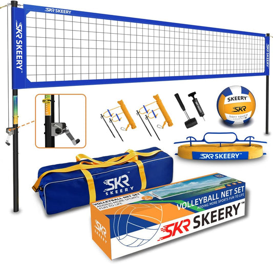 SKEERY Outdoor Heavy Duty Volleyball Net Set, Anti-Sag Design, Adjustable Aluminum Poles, Portable Volleyball Net for Backyard,Grass and Beach (Blue)