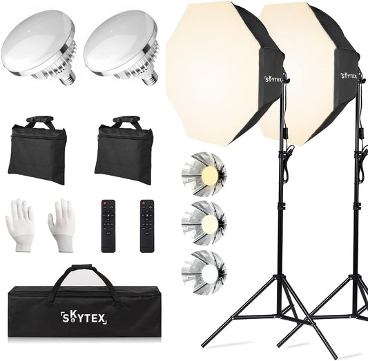 Octa Softbox Lighting Kit, Skytex Upgrade Continuous Photography Lighting Kit with sandbags, 28In Diameter Octa Soft Box | 135W 2700-6400K LED Bulb, Studio Lights for Photo Shooting, Video Recor