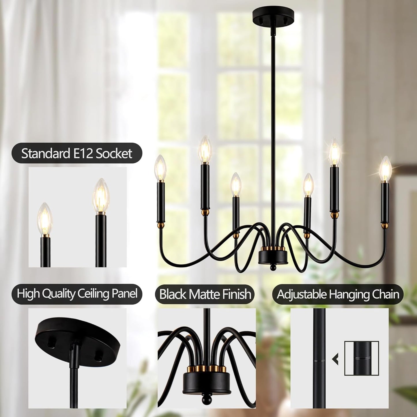 Chandeliers for Entryway Farmhouse Chandelier for Dining Room Light Fixture Hanging Lights for Living Room 6 Light Black Pendant Lights Kitchen Island for Hallway, Porch, Bedroom