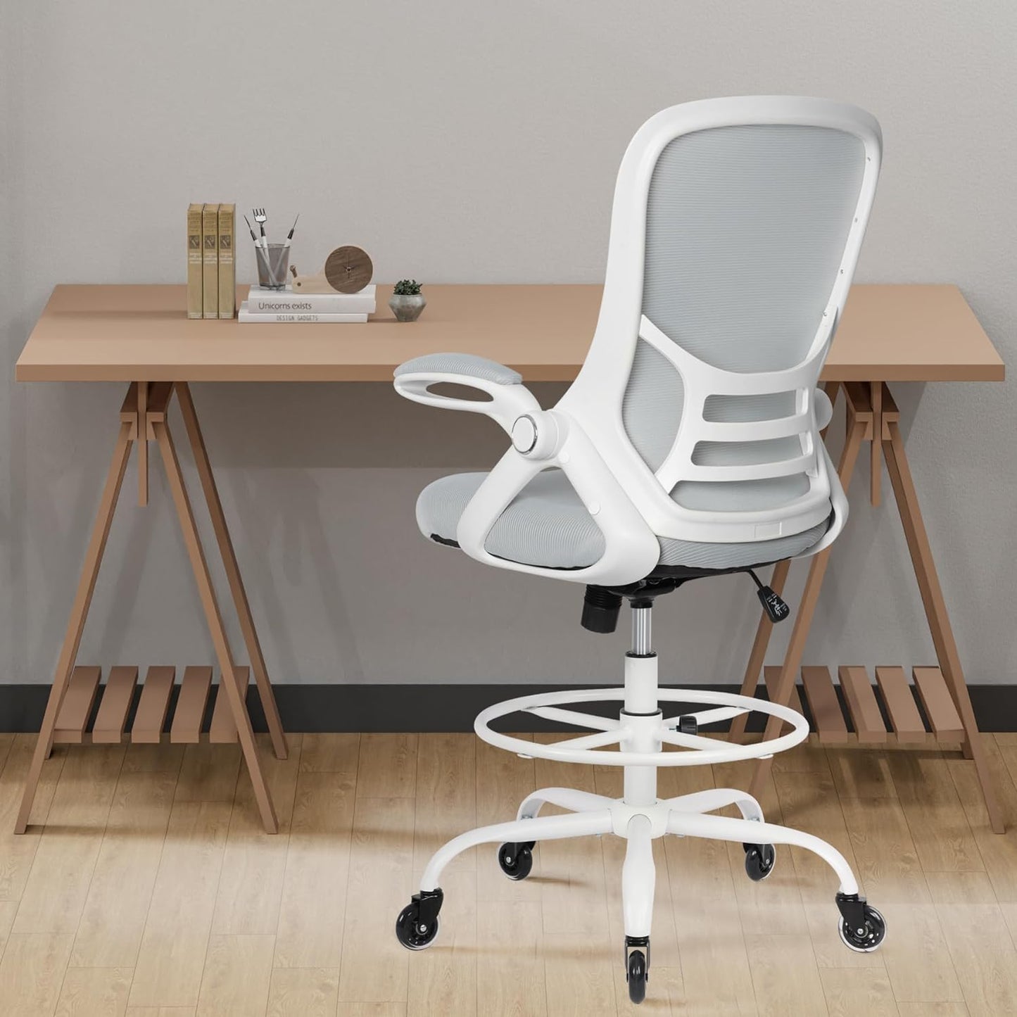 HYLONE Drafting Chair Tall Office Chair, High Ergonomic Standing Desk Computer Stools with Rubber Wheels, Flip-up Armrests, Adj