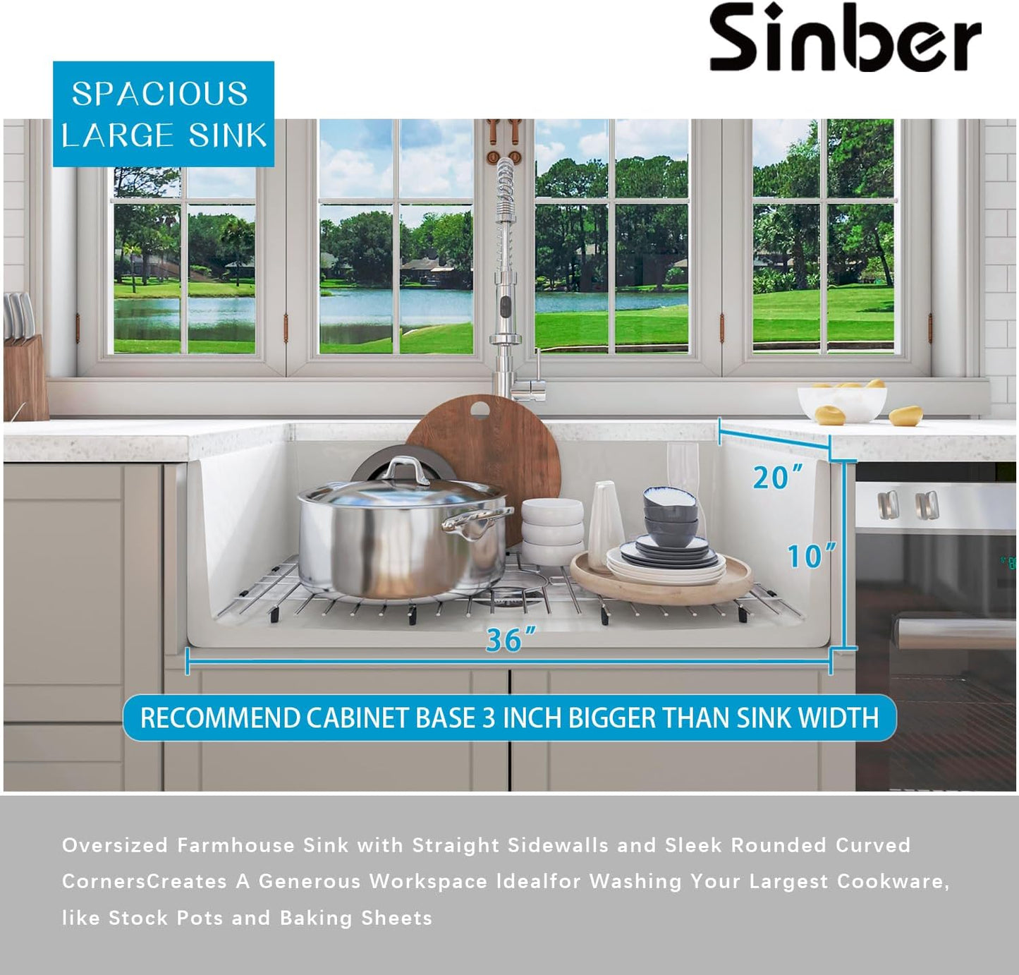 Sinber 36 Inch Farmhouse Apron Single Bowl Kitchen Sink with Fireclay White Finish 2 Accessories F3620S-OLA