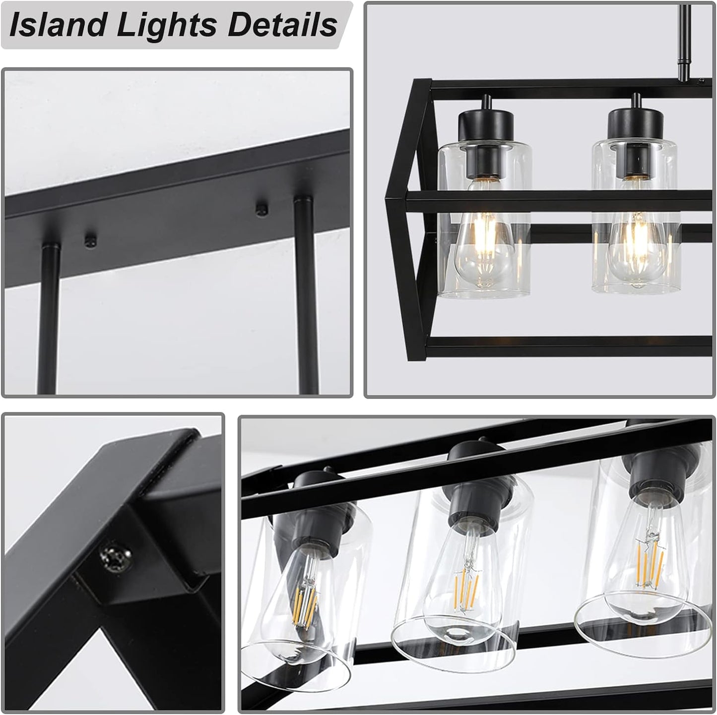 KERHENE 5-Light Rectangle Chandeliers, Farmhouse Chandeliers with 6 Glass Shades, 5-Light Linear Kitchen Island Light for Dining Room