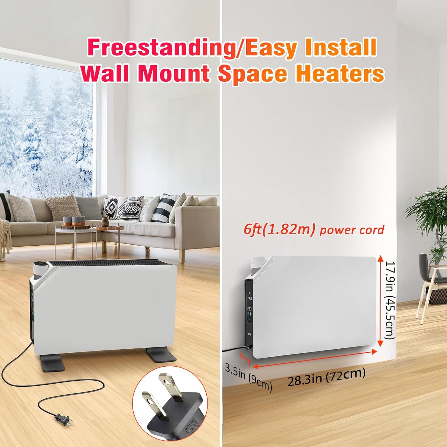 CTSC Convection Heater - Panel Heater - Space Heater Indoor Large Room - 750W/1500W Convection Panel Heater with Remote Control, Adjustable Thermostat, Freestanding/Wall Mount