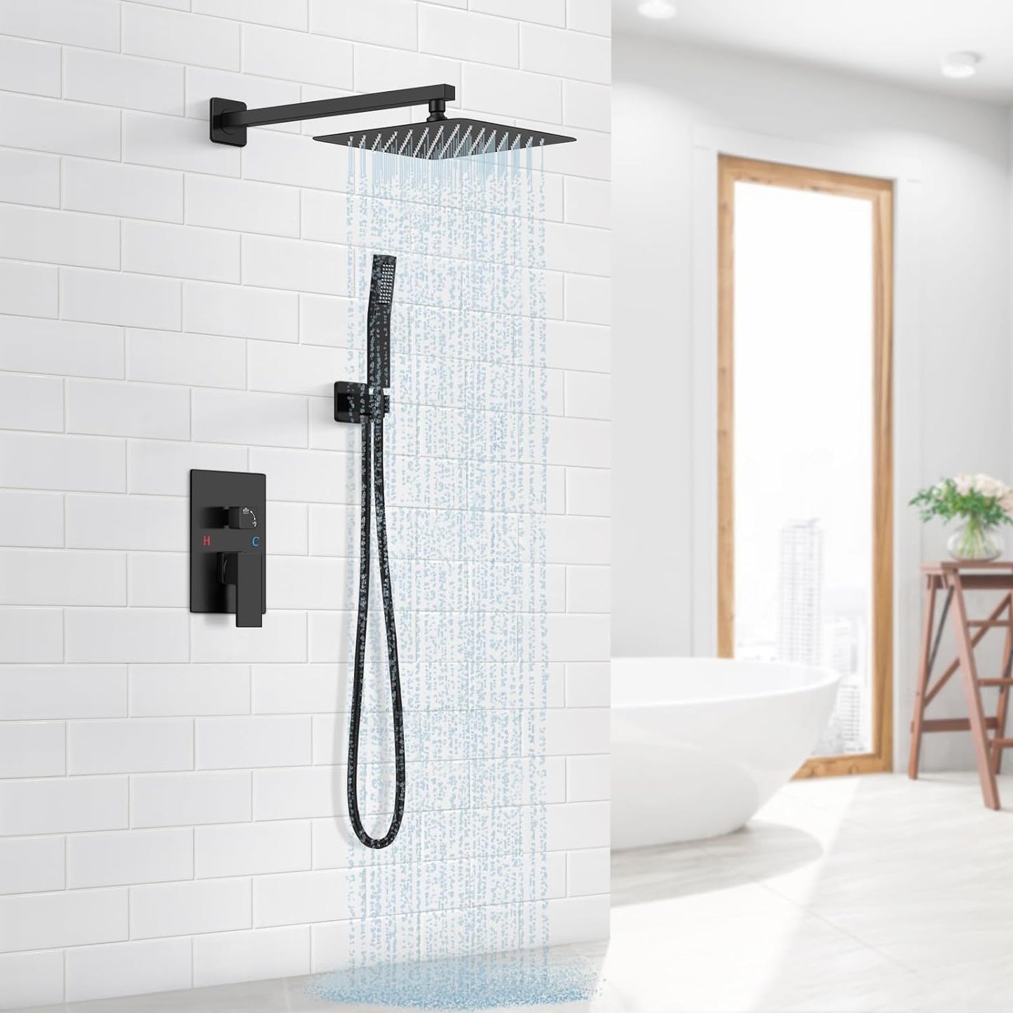 Baetuy 10 Inch Shower Faucet Set, Rainfall Shower System with High Pressure Handheld Shower Head and Square Fixed Shower Head,Spray Wall Mounted Rainfall Shower Fixtures (Matte Black, 10'-Modern)