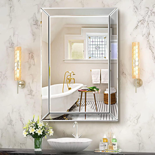 Pregaspor Mirror on Mirror Wall Mirror for Bathroom, 22" x 32" Rectangular Frameless Bathroom Vanity Mirrors for Wall, Polished Beveled Edge Decorative Mirrors for Living Room, Washroom and Bedroom (