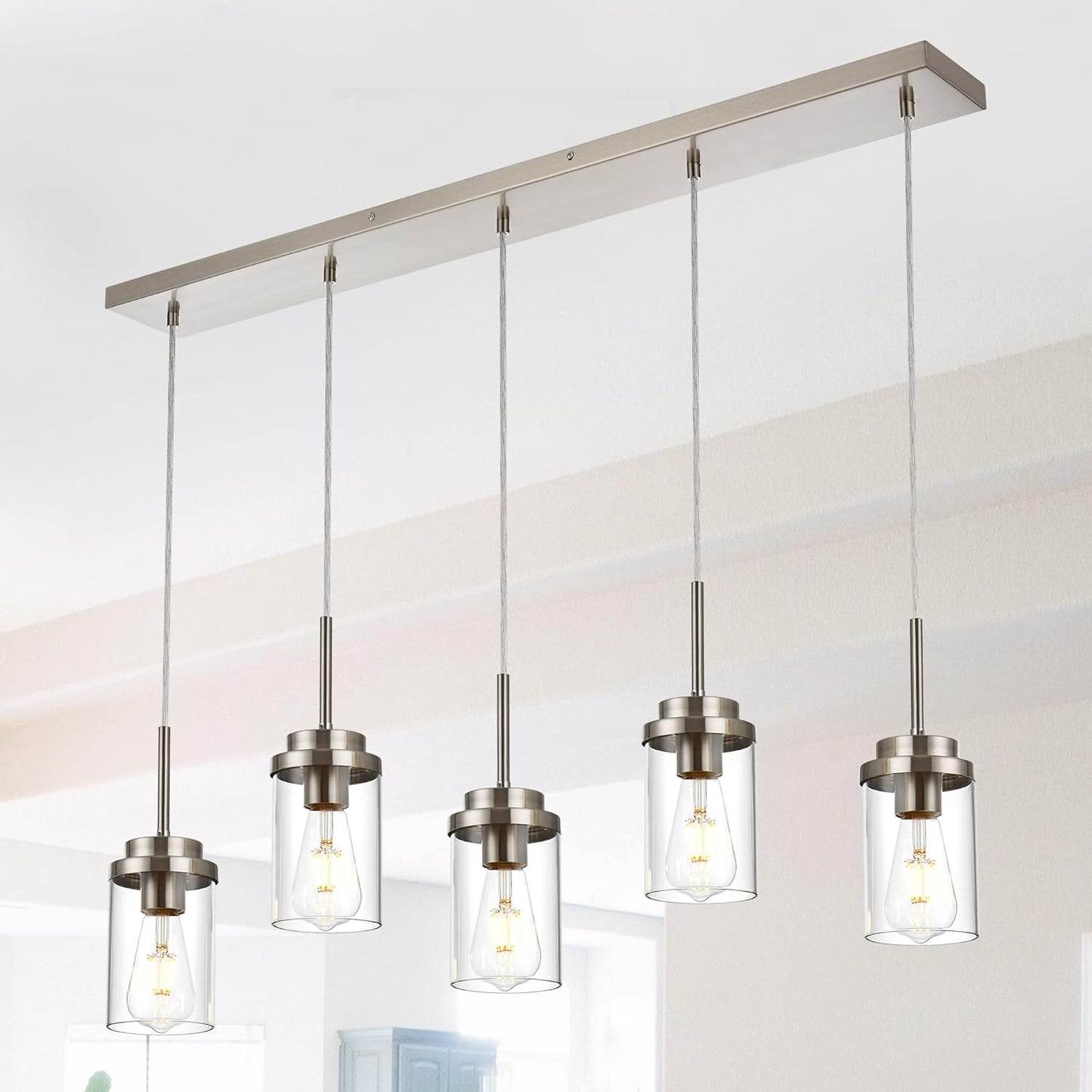 MELUCEE 5 Lights Kitchen Island Lighting Modern Linear Chandeliers for Dining Room, Industrial Brushed Nickel Pendant Light Fixtures Ceiling Hanging