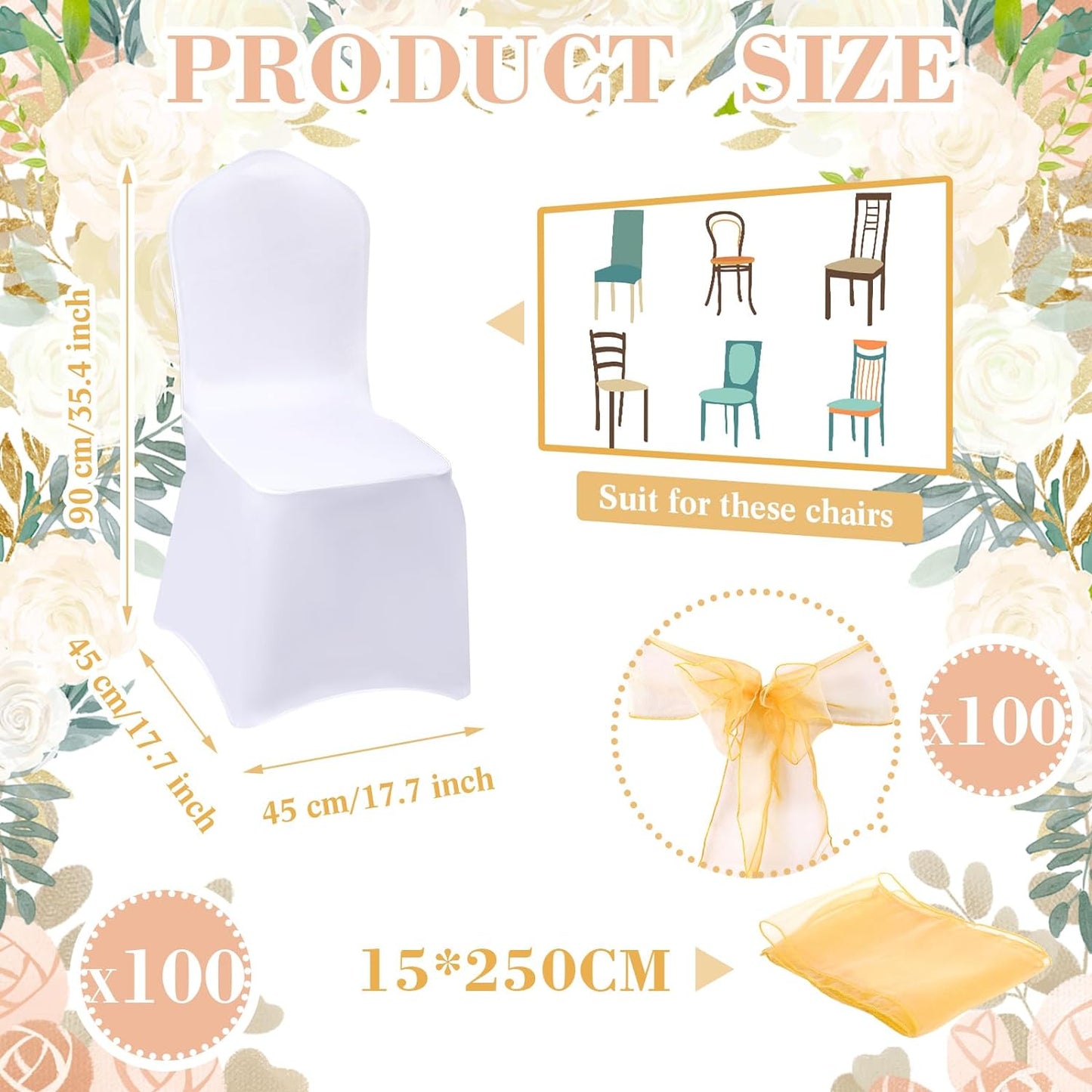 Peryiter 200 Pcs White Chair Covers Set Include 100 Stretch Spandex White Chair Covers and 100 Chair Bows Yellow Sashes f