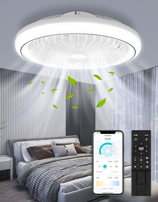 FAMURE Ceiling Fans with Lights, 3000K/4500K/6500K Color Changed Ceiling Light Fan with Remote Control, 18.5in Smart Ceiling Lamp with 6-Level Adjustable Speed Blades for Indoor Ceiling Fan Lighting