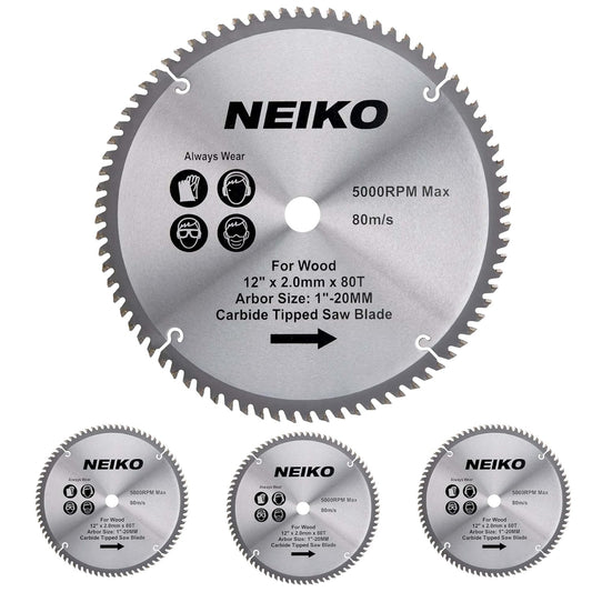 NEIKO 10768A 12' Carbide Chop Saw Blade, 4 Pack, 80 Tooth with 1-Inch Arbor, Compatible with Miter, Table, Radial Arm, Cut-Off, Standard Circular Saws, for Home Building, Construction, Woodworking