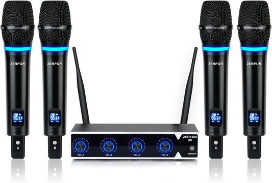 ZERFUN G8 Rechargeable Wireless Microphone System 4 Channel, UHF Metal Karaoke Cordless Mics Professional Handheld for Singing Church, VOL Control, 4x50 Adjustable