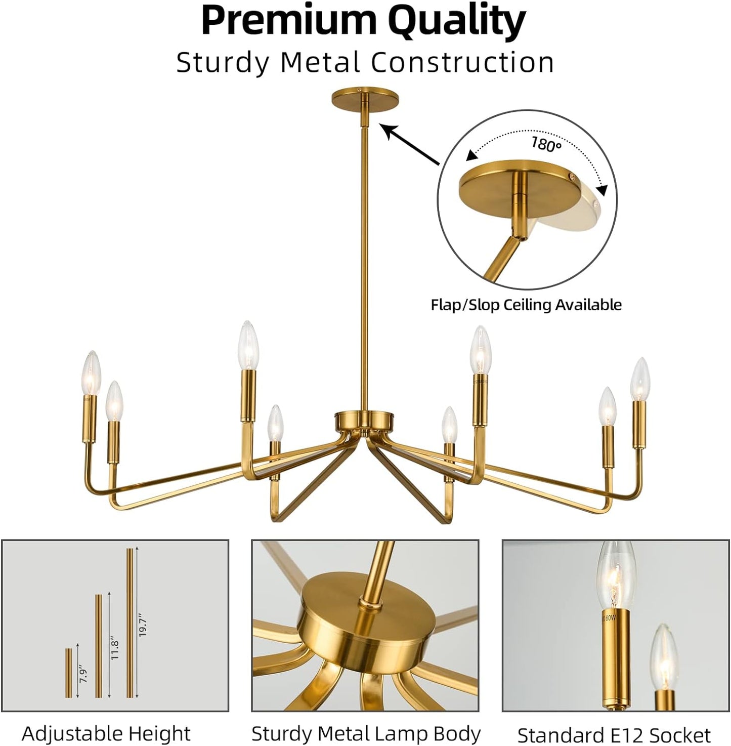 ACANER 38' Gold Chandeliers for Dining Room, 8-Light Modern Farmhouse Chandelier Light Fixture, Brushed Brass Industrial Candle Lighting Hanging