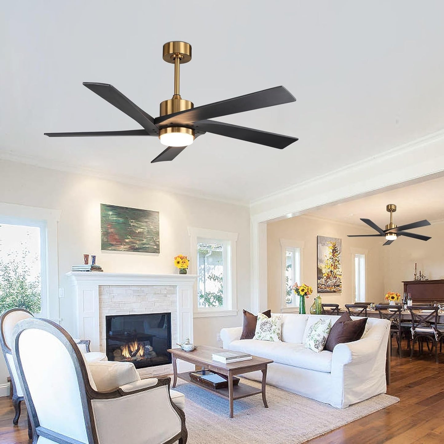 Ceiling Fans with Lights 54 Inch DC Ceiling Fan with Lights Remote Control 5 Reversible Carved Wood Blades Fandelier Ceiling Fan with Light 6-Speed Noiseless Ceiling Fan in Brass Finish with Blades
