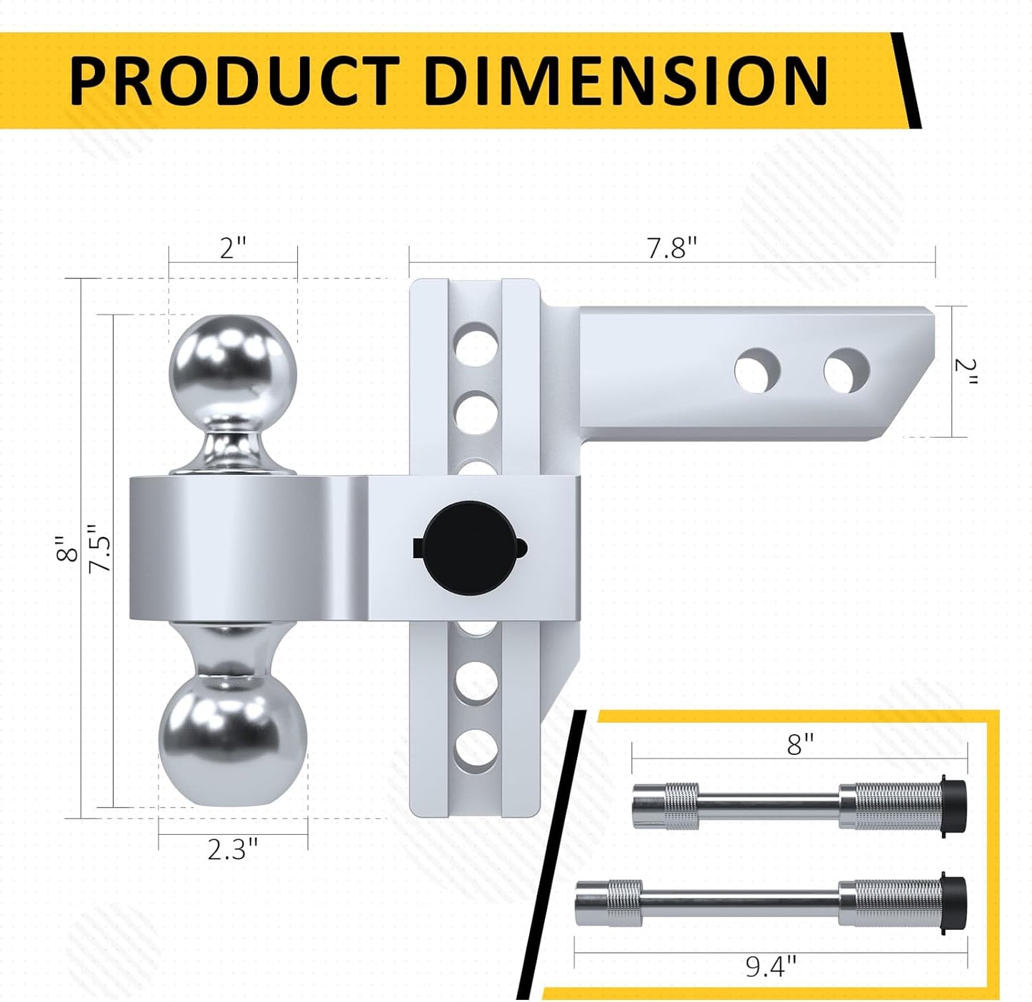 PENSUN Adjustable Trailer Hitch - 6" Drop/Rise Aluminum Drop Hitch with 2'' & 2-5/16'' Solid Dual Balls Mount Fit for 2" Receiver 12500 lbs Heavy Duty Tow Hitch with Double Anti-Theft Pins Locks