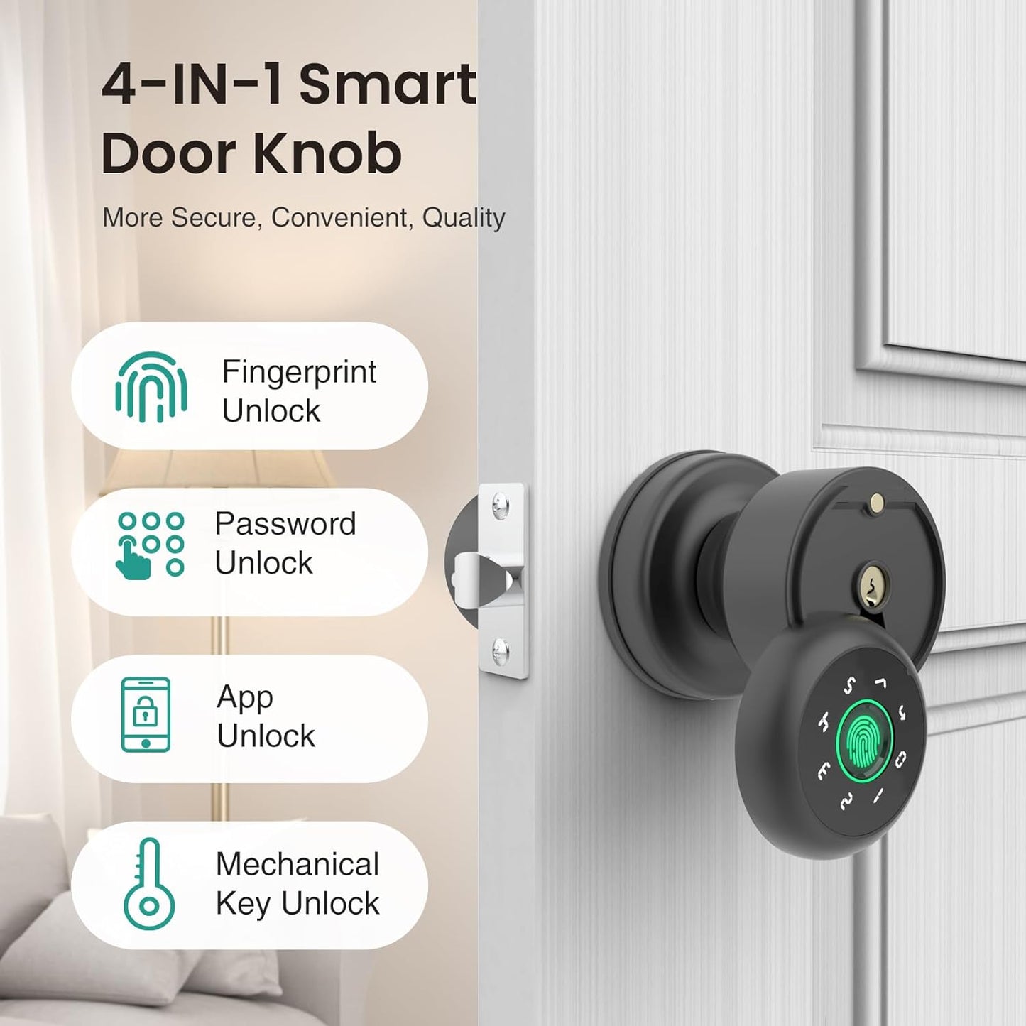 GHome Smart Door Knob Fingerprint Door Lock with Keypad, Biometric Smart Lock - App Control, Interior Door Knob with Key Great for Bedroom, Apartments, Offices and Hotels