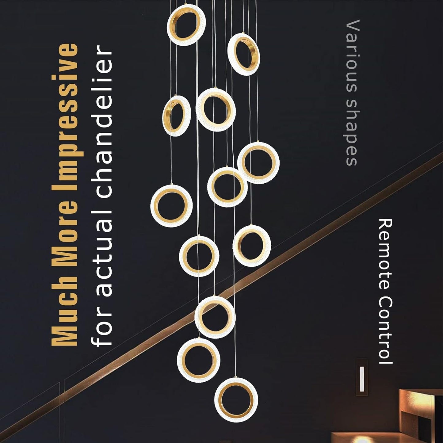 9 Ring Chandelier, Gold Crystal Chandelier, Dimmable Modern Led Chandelier with Remote,Luxy High Ceiling Chandelier for Dining Room, Foyer,Enterway,Big Modern Led Ceiling Light Hanging Pendant Li