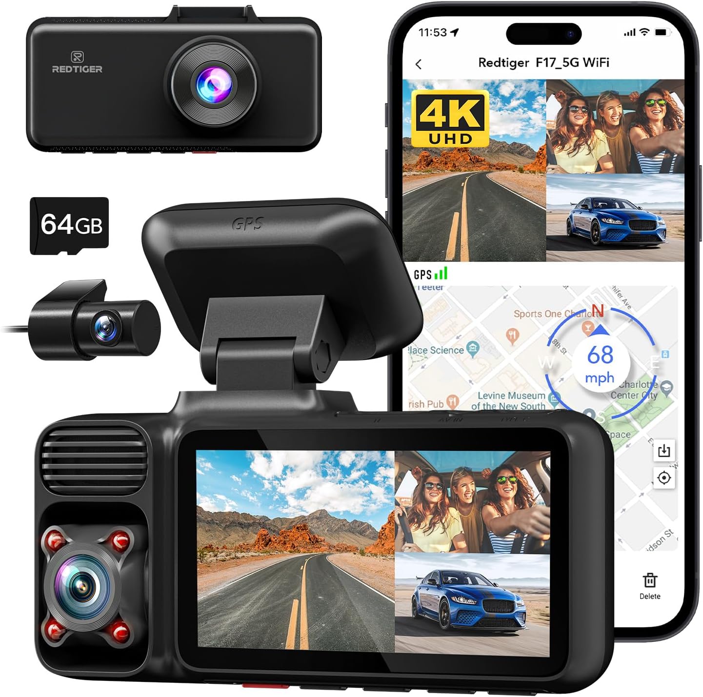REDTIGER 3 Channel Dash Cam, 4K+1080P+1080P Front and Rear Inside Triple Car Camera,Built-in GPS and 5.0 GHz WiFi, 3 inch IPS Screen, WDR IR Night Vision, Free 64GB SD Card, G-Sensor, Parking