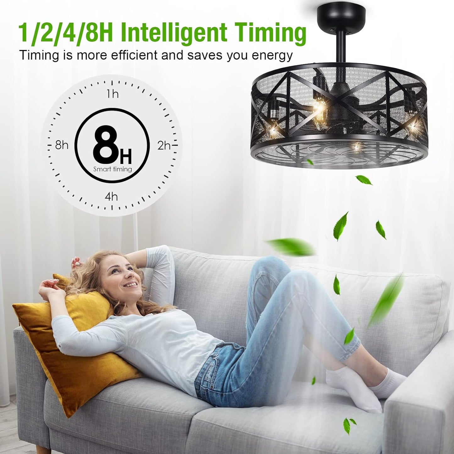 AEsocd Ceiling Fans with Lights Remote Control, 6 Speeds Enclosed Ceiling Fans, Caged Industrial Ceiling Fan for Bedroom, Living Room, Kitchen (Black) (Black-W)