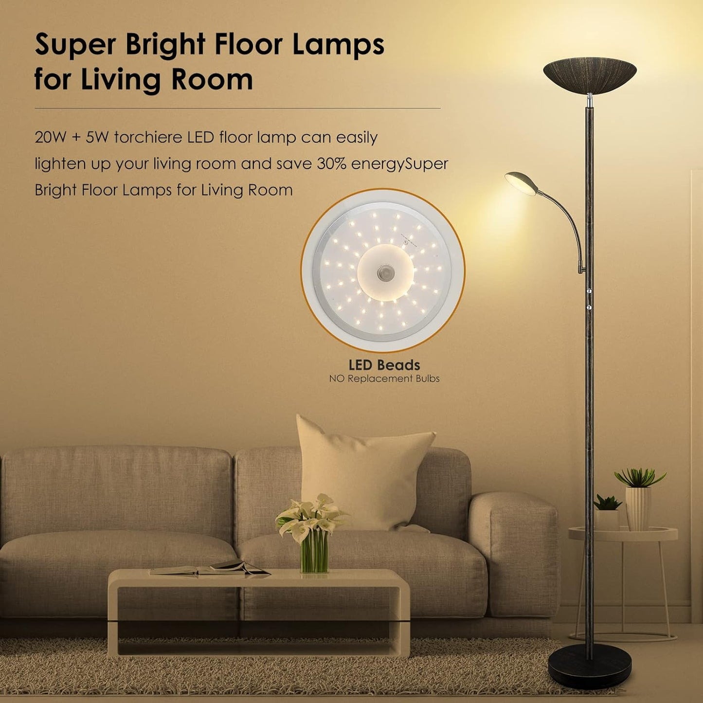 Floor Lamp, LED 20W/2000LM Bright Torchiere Floor Lamp with 5W Adjustable Reading Lamp, Stepless Dimmable Standing Lamp, 2 Rotary Switch, Modern Floor Lamps for Living Room, Bedroom, Office,Br