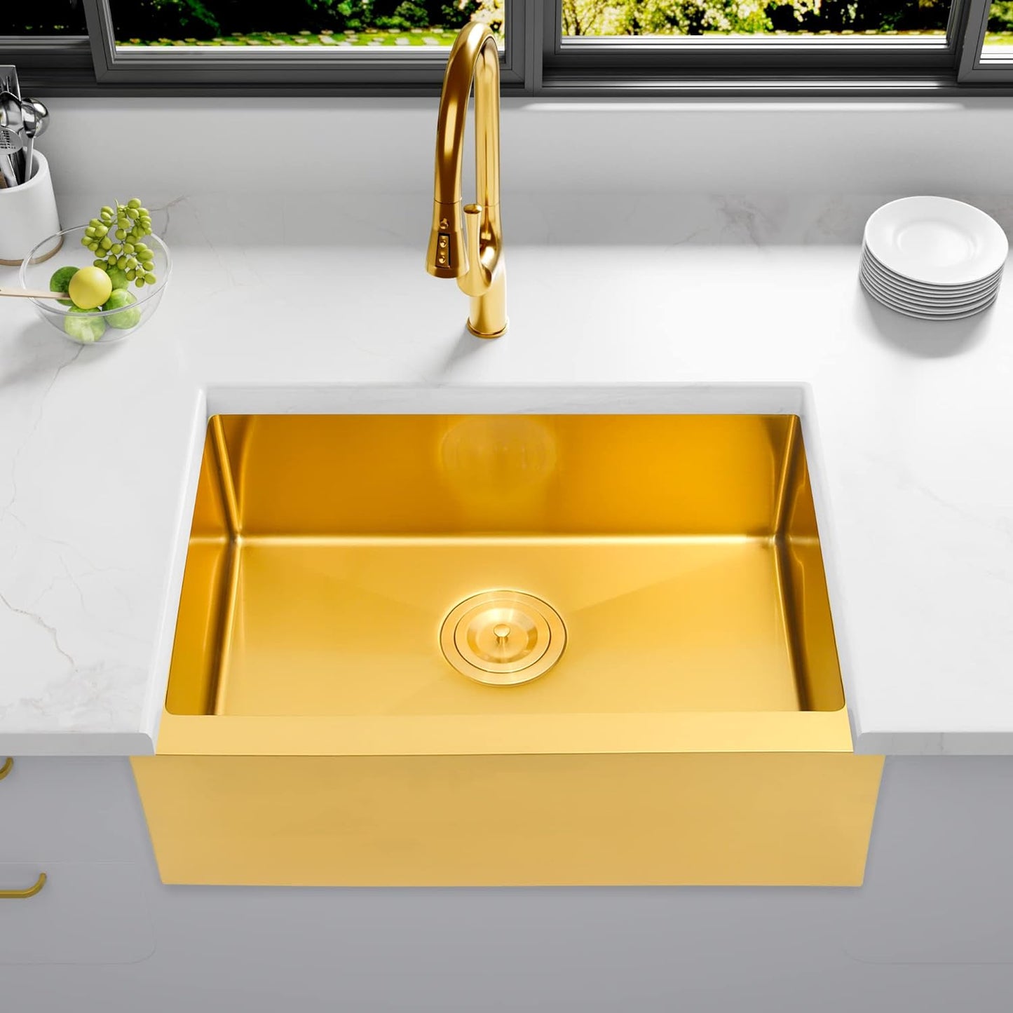 MILOSEN Undermount Gold RV Kitchen Sink, Stainless Steel Farmhouse Apronfront Kitchen Sink, Small Single bowl Apron Sink, 2316 inch Kitchen RV Sink, 7 inch Depth Kitchen RV Sinks (Gold, Farmhouse)