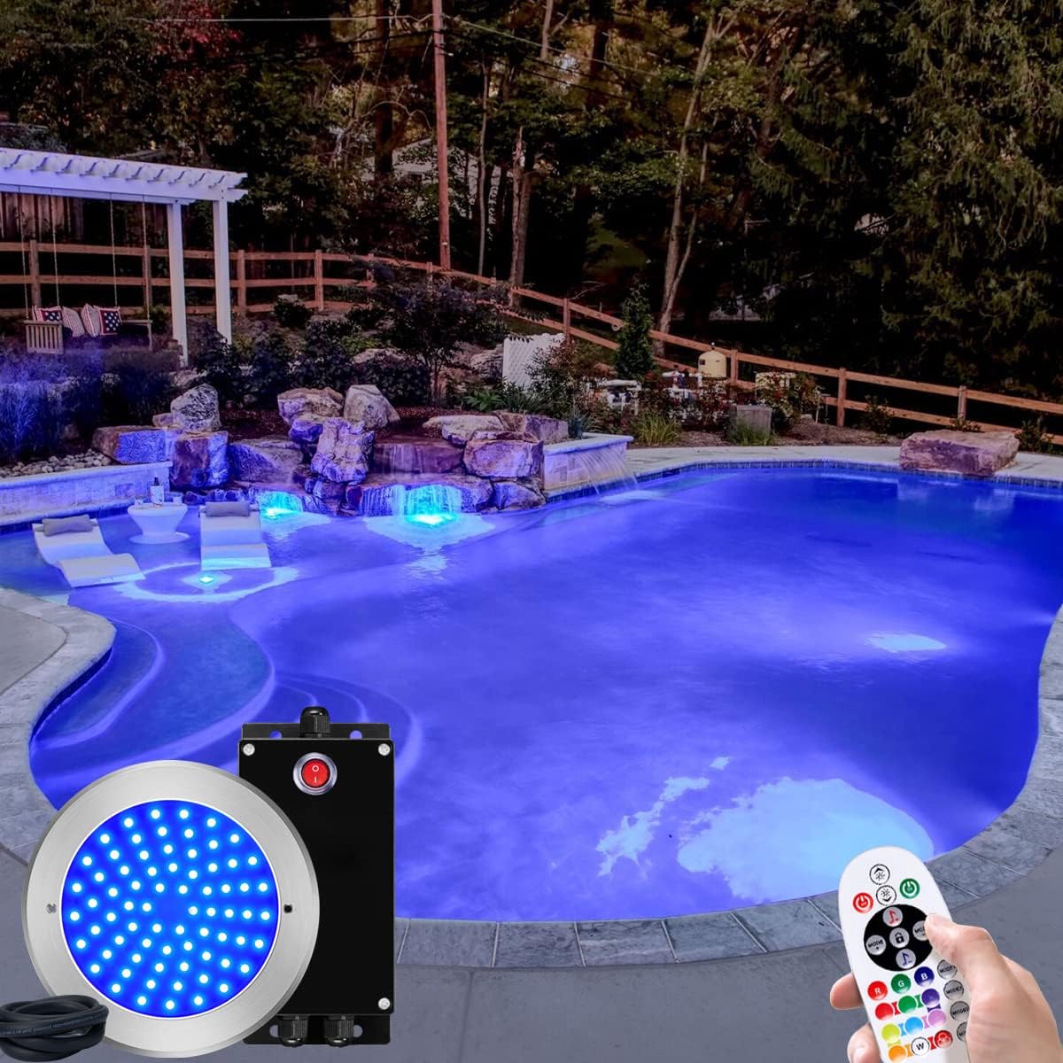 LED Pool Light with Control Kit,54 Watts LED Inground Pool Light Fixture Waterproof,Wireless Pool Light System,50Ft Cord Pool Light Fixture with Remote(Control included,Voltage Converter Includ