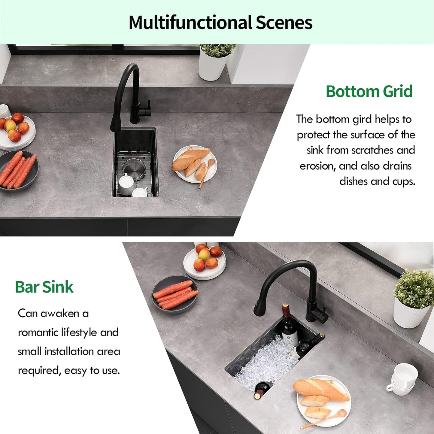 EcoChannels Undermount Kitchen Sink, 10 x 18 Inch Single Bowl Bar Prep Sink 16 Gauge T-304 Stainless Steel Gunmetal Black RV Kitchen Sinks