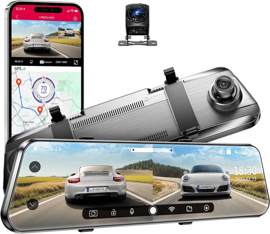LINGDU LD2K Rear View Mirror Camera WiFi, 2.5K Mirror Dash Cam Front and Rear, 10' Full Touch Screen Rear View Mirror Backup Camera, Reverse Assist, WDR Night Vision, 24H Parking Mode, G-Sensor