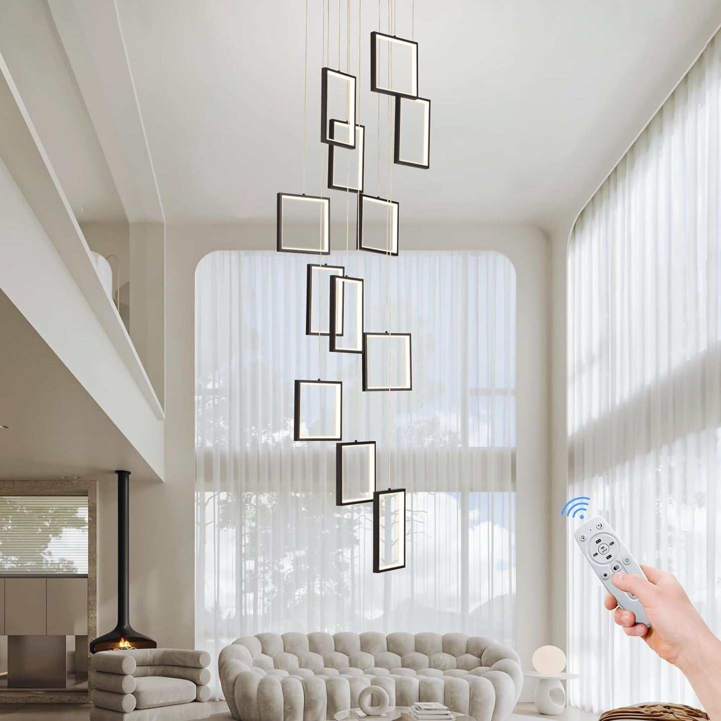 SUSUDZ Modern LED Chandelier 12 Rings Rectangle Chandelier Adjustable Height Long Staircase Chandelier Foyer High Ceiling Light Fixture Chandelier Dimmable with Remote Control Hanging Chan