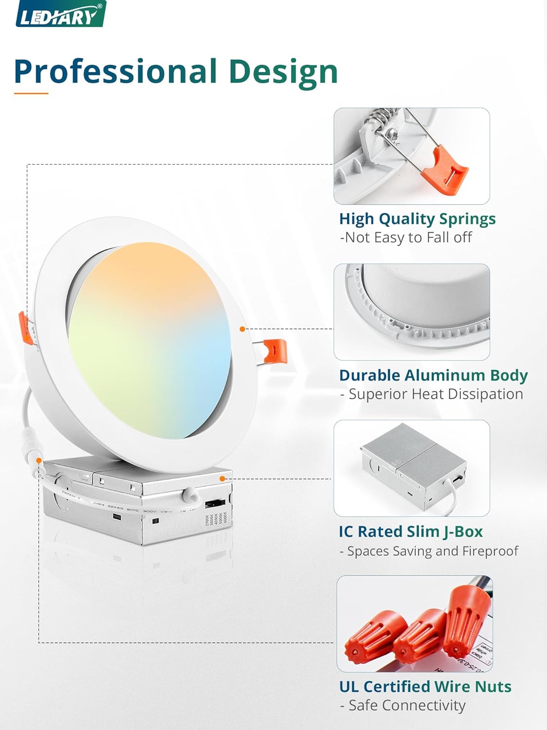 LEDIARY 12Pack 6 Inch Gimbal LED Recessed Lighting Air-Tight,5CCT Adjustable Angle Canless Light with JBox, 12W=110W, 1000LM, Dimmable Directional