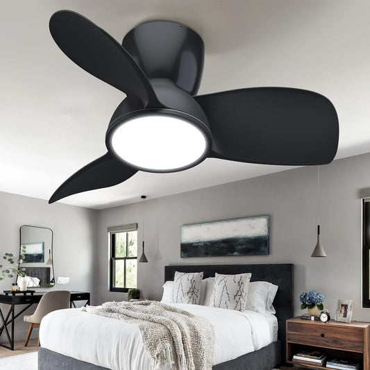 slochi Quiet Ceiling Fan with Lights, 32 inches Large Air Volume Remote Control Ceiling Fan Adjustable Color Temperature Flush Mount Ceiling Fan for Kitchen Bedroom Dining room Patio (Black, 32 inch)