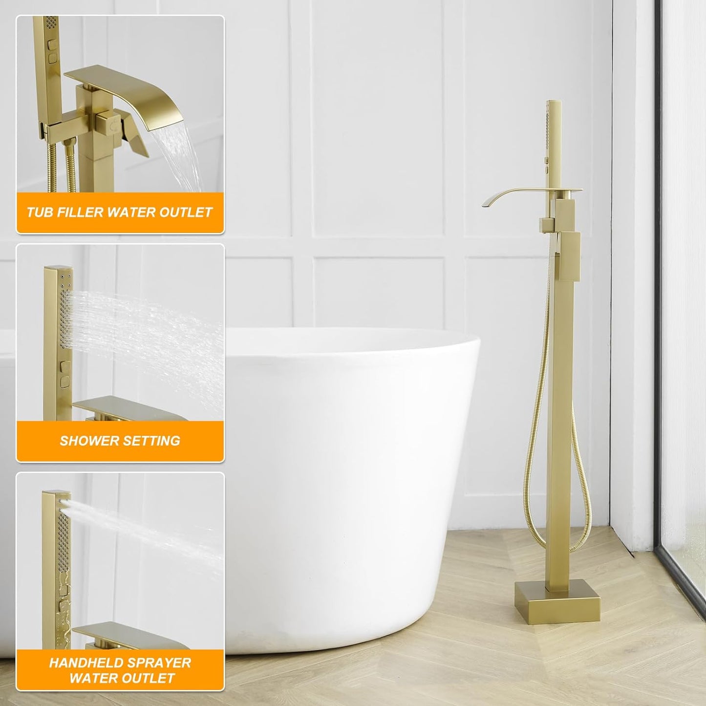 BESy Freestanding Tub Faucet Brushed Gold Floor Mounted Tub Filler Faucet Brass Bathroom Tub Faucets with 2 Function Hand Shower