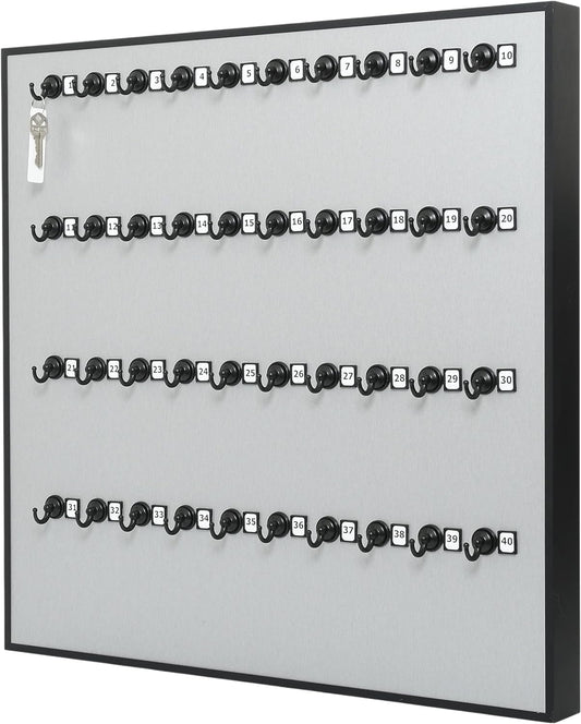 Key Holder # 40MAF, Key Rack for Wall, Aluminum Framed 40 Bolted Metal Hooks with Numberplate, Extra Space, and Adjustable Hangers for Executive Offices (40 Sets of Tag & Ring Inc