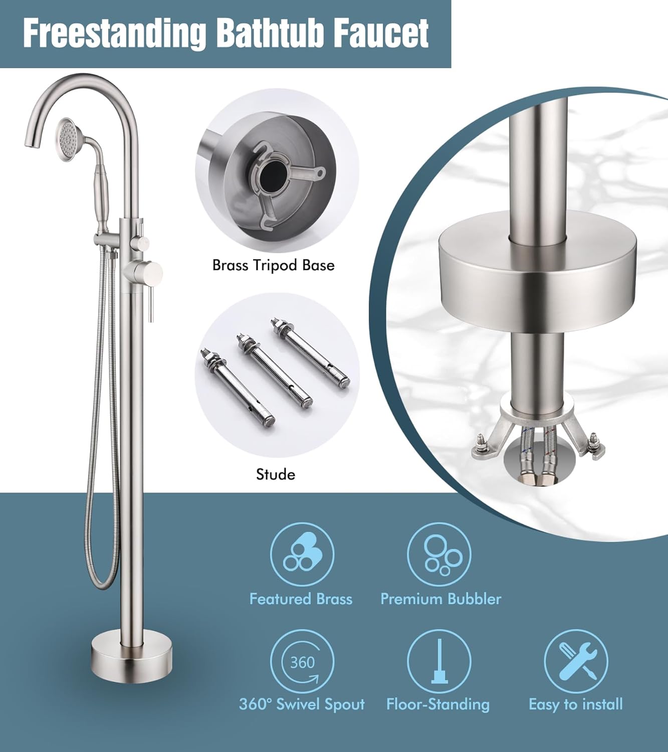 LEPO Free Standing Tub Faucet - Shower Faucet Set Floor Mount Tub Filler Faucet, 360 Degree Swivel Standing Spout Mixer Taps with Round High Pressure