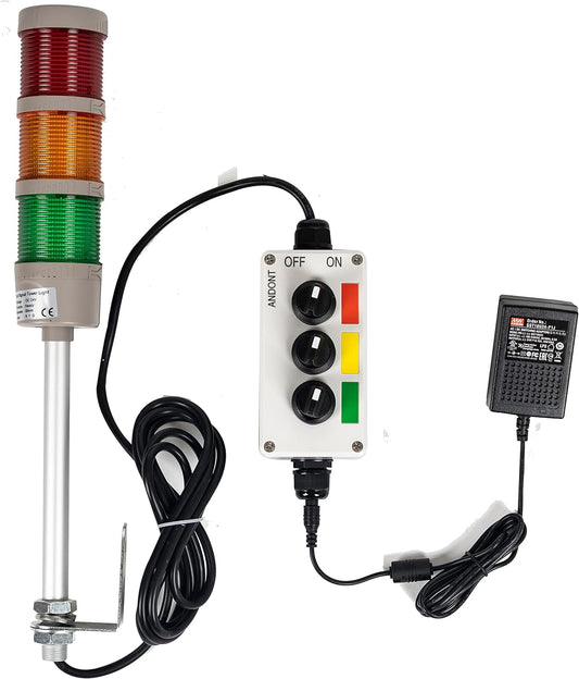 ANDONT 3 Stack Super Bright LED Andon Tower Lights with Buzzer, Off-ON or Flash, 6 ft Industrial Adapter, Plug Play Ready