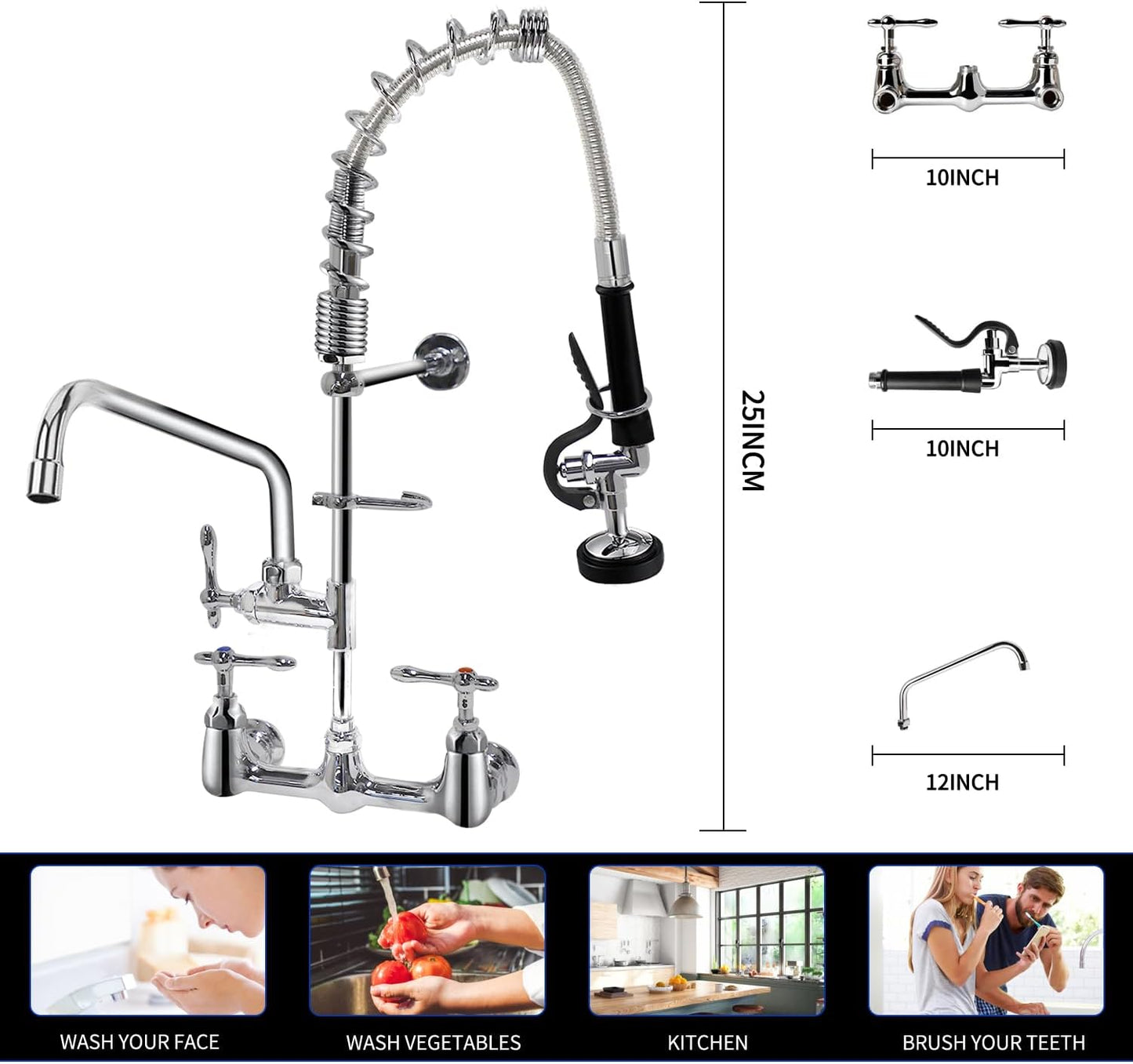 QANBAIN Commercial Sink Faucet,Commercial Faucet with Sprayer 8 Adjustable Center Wall Mounted Restaurant Faucets,12" Spout andPull-Down Pre-Rinse Faucet 25 Height Suitable for 1, 2 or 3 Sinks (