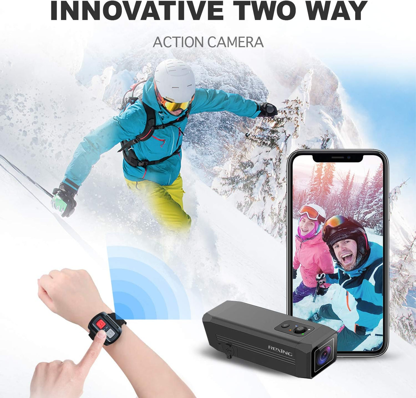 RexingUSA A1 Two-Way Action Camera 1080p@30fps, Wi-Fi Connectivity, Broad View, Wrist Remote Control, IMX307 Sensor, Water-Resistant, Extreme Sports Camcorder for Motorcycles, Bicycles, Hiking,