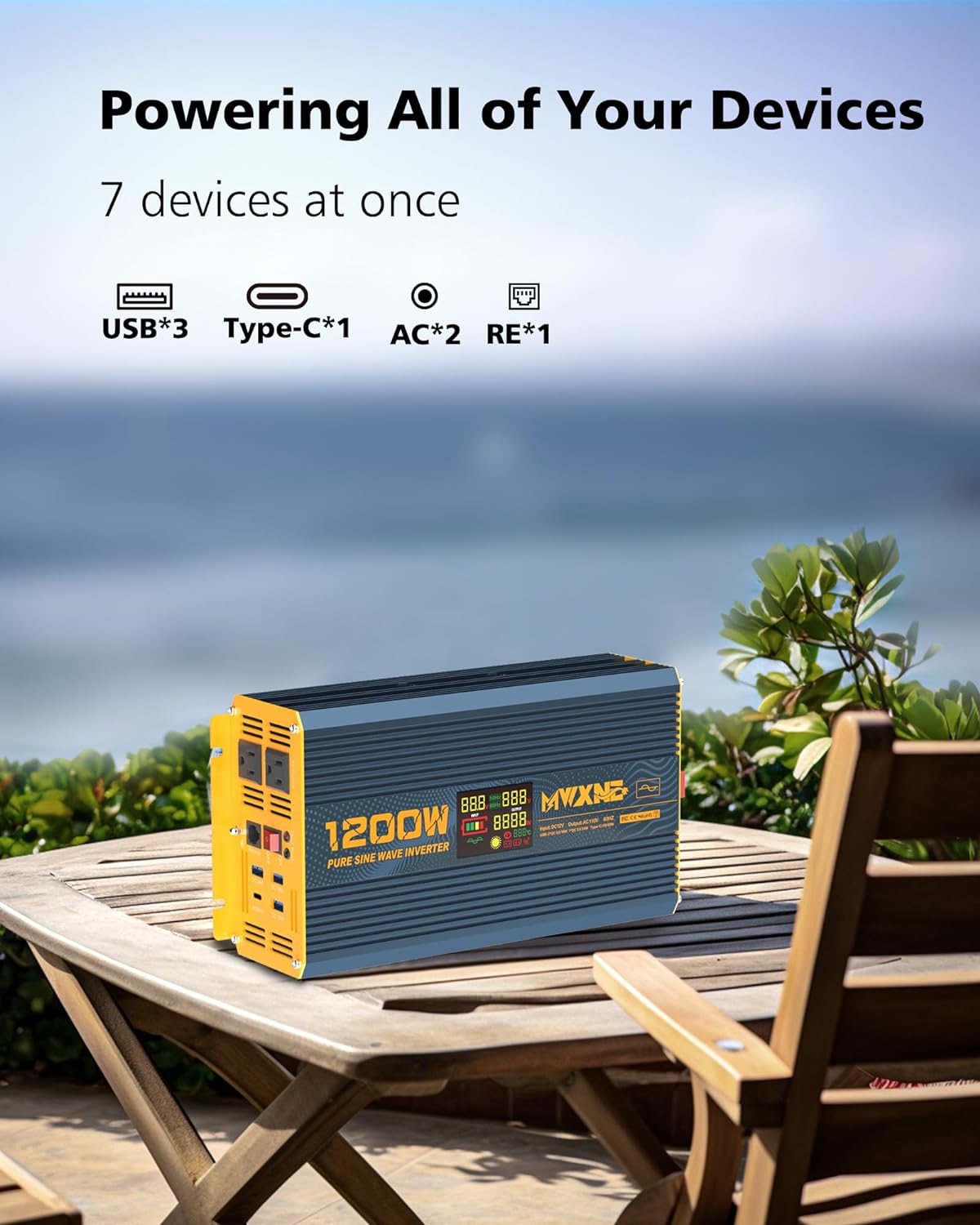 MWXNE 1200W Pure Sine Wave Power Inverter DC 12V to 110V 120V with Fast Charging Type-C& 3 USB Ports LCD Display Wireless Remote Controller Power inverters for Vehicles,RV,Truck,Off-Grid Solar