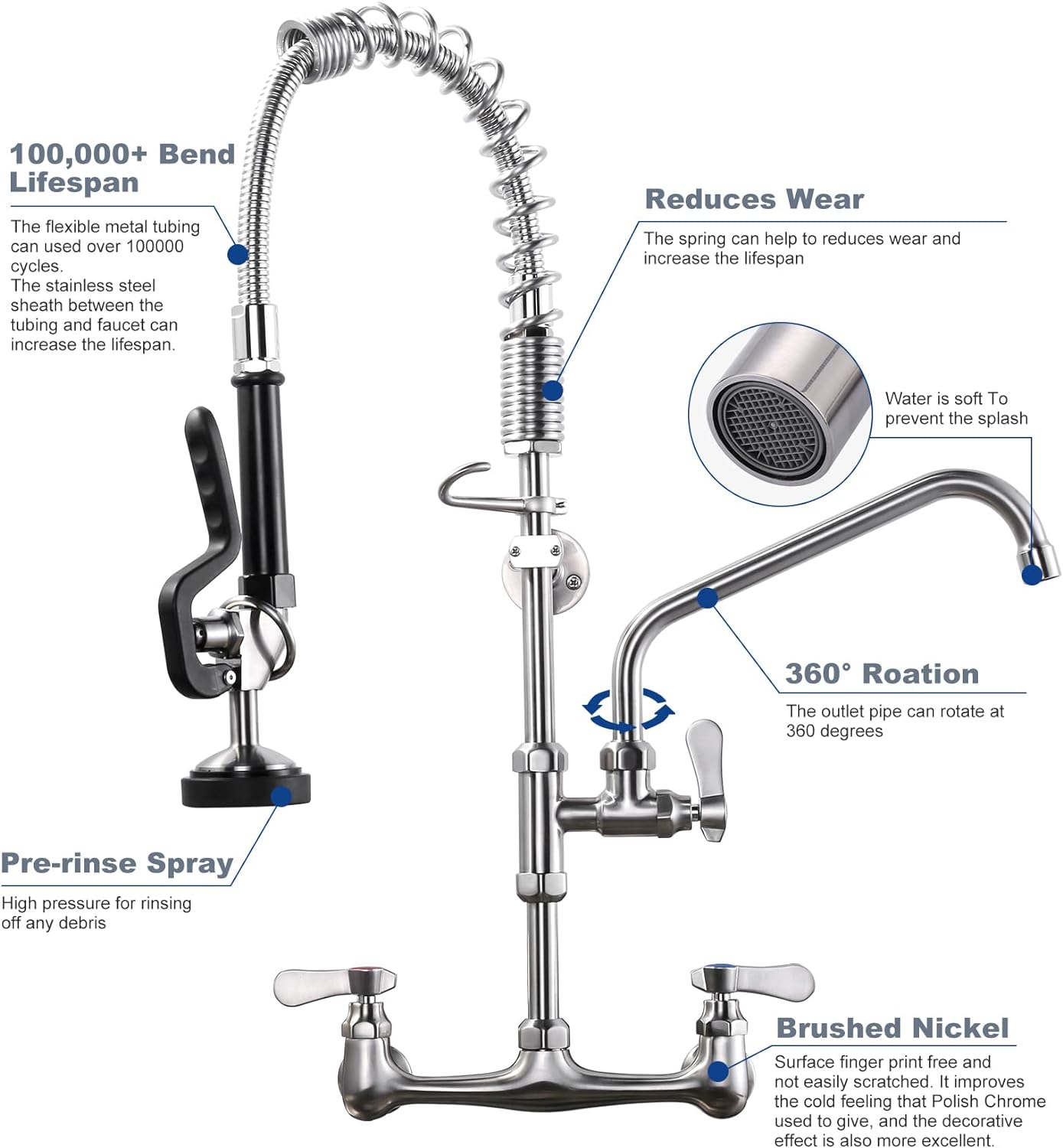 Brushed Nickel Commercial Kitchen Faucet with Pre-Rinse Sprayer 8 Inch Center Wall Mount Kitchen Sink Faucet with 9.6' Add-on Swing Spout 25' Height